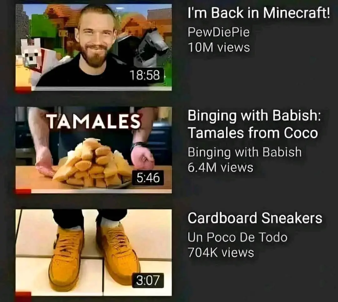 A screenshot of a YouTube video grid showing three thumbnails: PewDiePie's 'I'm Back in Minecraft!' with 10M views, Binging…
