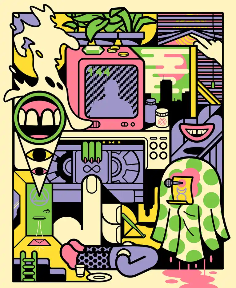 A colorful, stylized illustration depicts a chaotic, retro-futuristic scene with a pink TV displaying the number 144…
