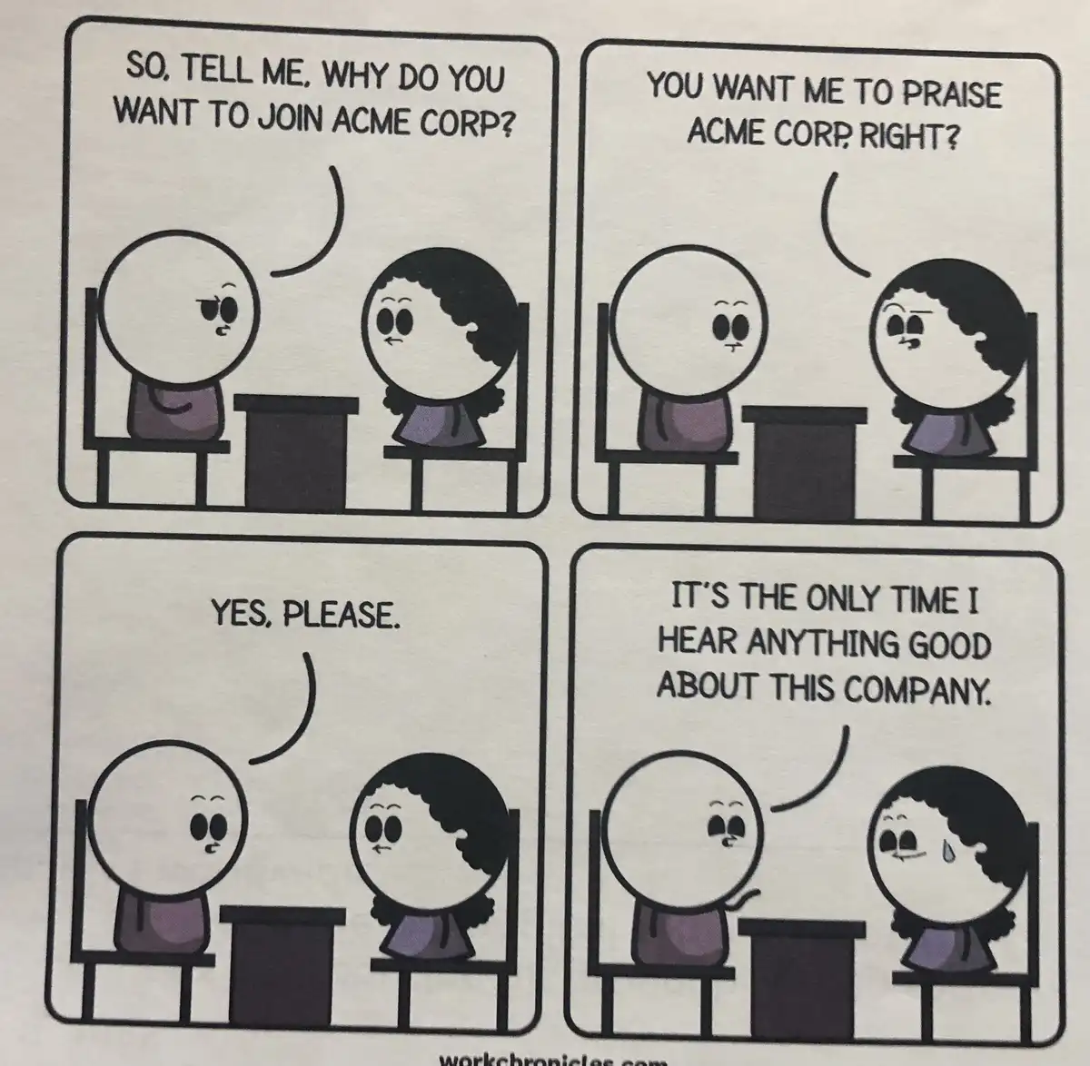 A four-panel comic strip shows two cartoon characters sitting across from each other at a table. In the first panel, the…