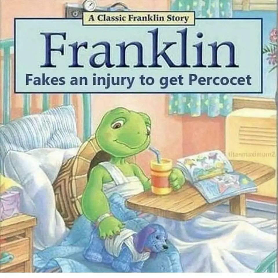 The image is a book cover featuring a green cartoon turtle named Franklin in a hospital bed, wearing a white bandage on his…