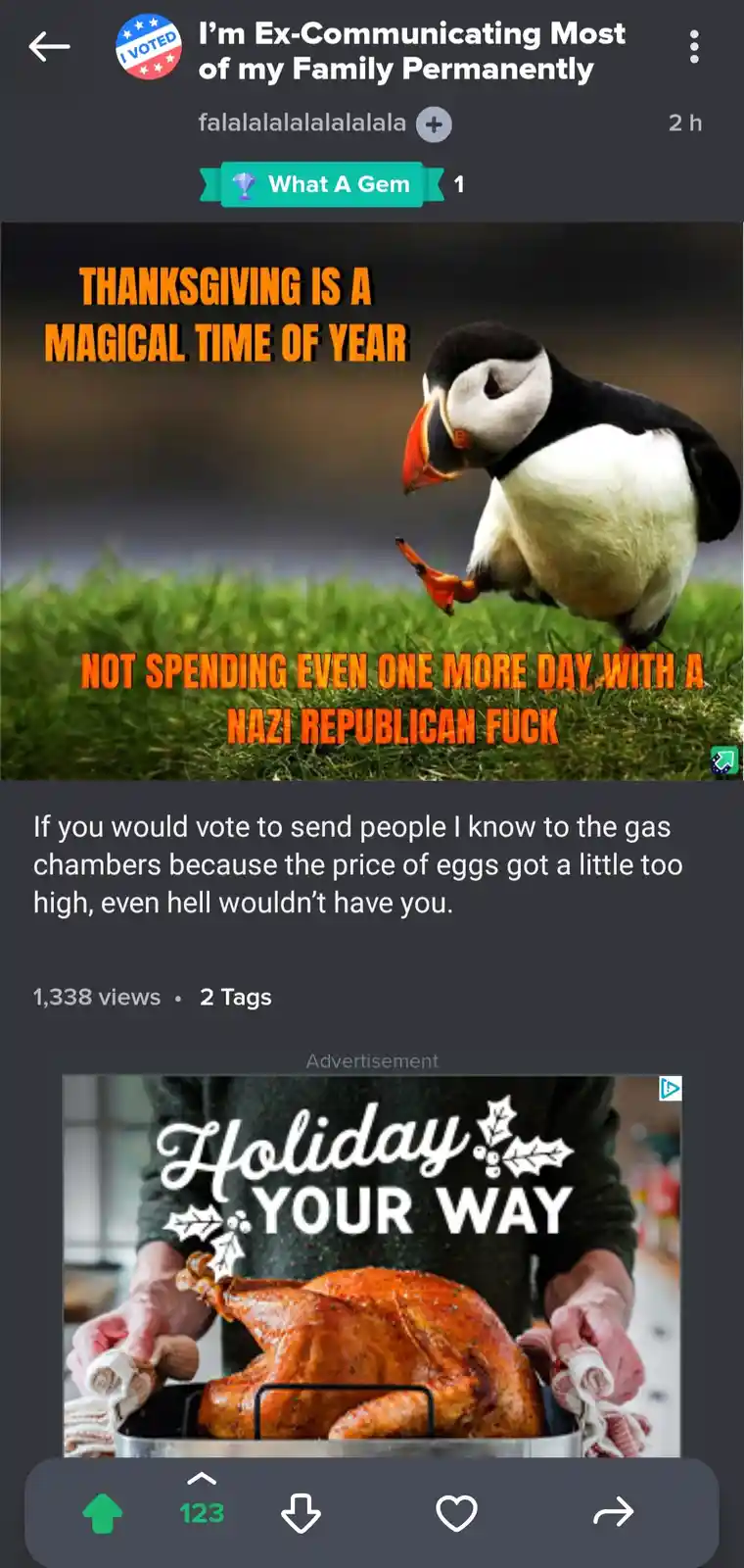 The image features a photograph of a puffin standing on grass, overlaid with bold orange text that reads 'THANKSGIVING IS A…