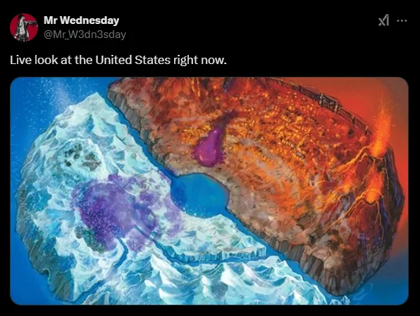 An image shows a stylized, split map of the United States, half covered in ice and snow with purple auroras, the other half…