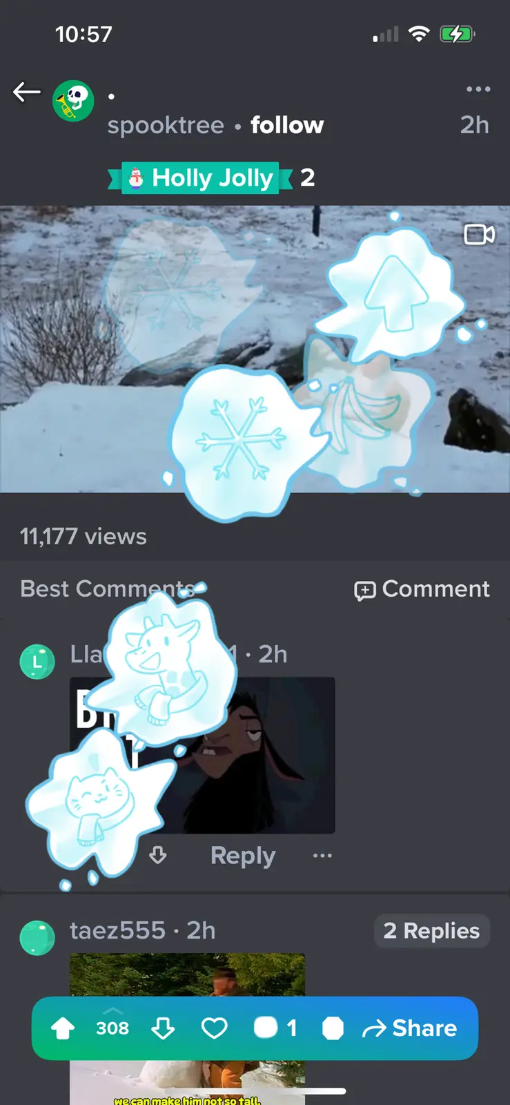 A screenshot of a TikTok video interface showing a snowy outdoor scene with cartoon snowflake graphics overlaid. The video…