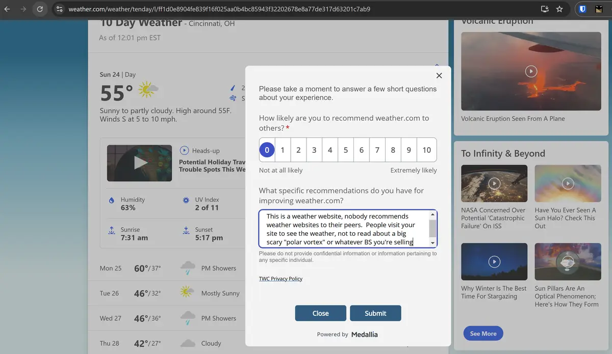 A screenshot of weather.com's 10-day forecast for Cincinnati, OH, overlaid with a customer satisfaction survey popup. The…