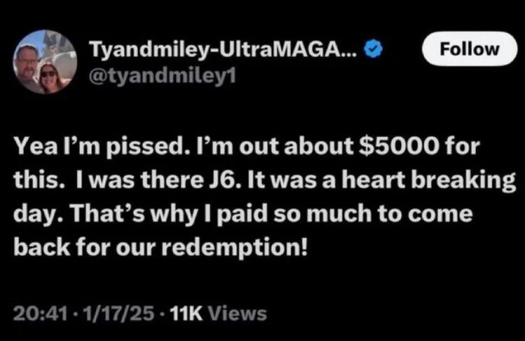 A screenshot of a tweet from a user named Tyandmiley-UltraMAGA... with a profile picture of a man and woman. The tweet text…