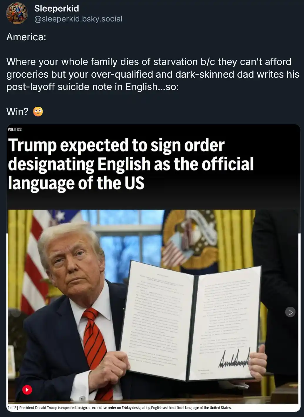 A screenshot of a news article shows Donald Trump holding a signed document, with the headline 'Trump expected to sign order…
