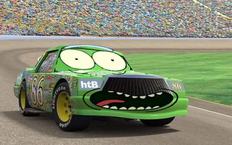 A green stock car with cartoon eyes and a wide, toothy grin is speeding on a racetrack, with a crowd of other cars in the…