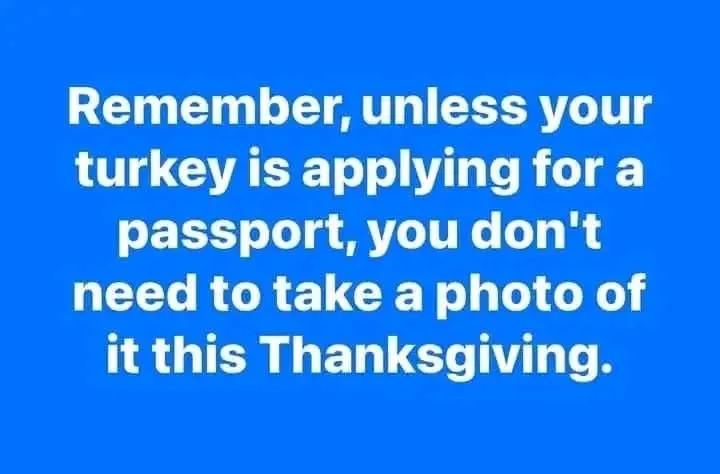 A solid blue background with white text that reads: 'Remember, unless your turkey is applying for a passport, you don't need…