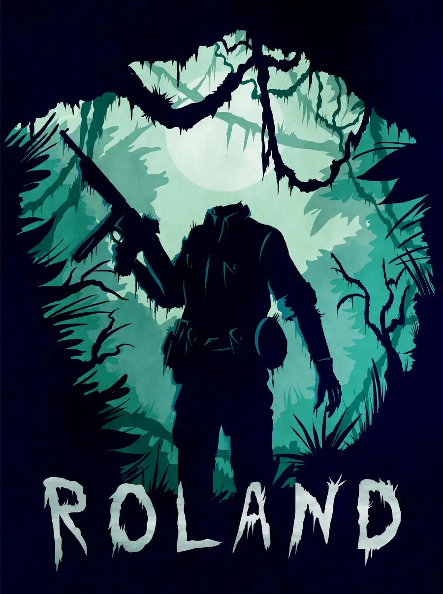 A stylized illustration shows the silhouette of a soldier holding a submachine gun, standing in a jungle clearing under a…