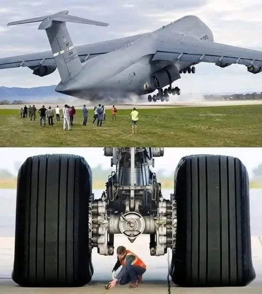The image is split into two parts: the top shows a large military transport aircraft, a C-5 Galaxy, in the process of…