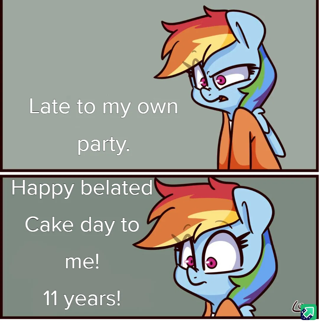 The image shows two panels of the animated character Rainbow Dash from My Little Pony. In the top panel, she looks annoyed…