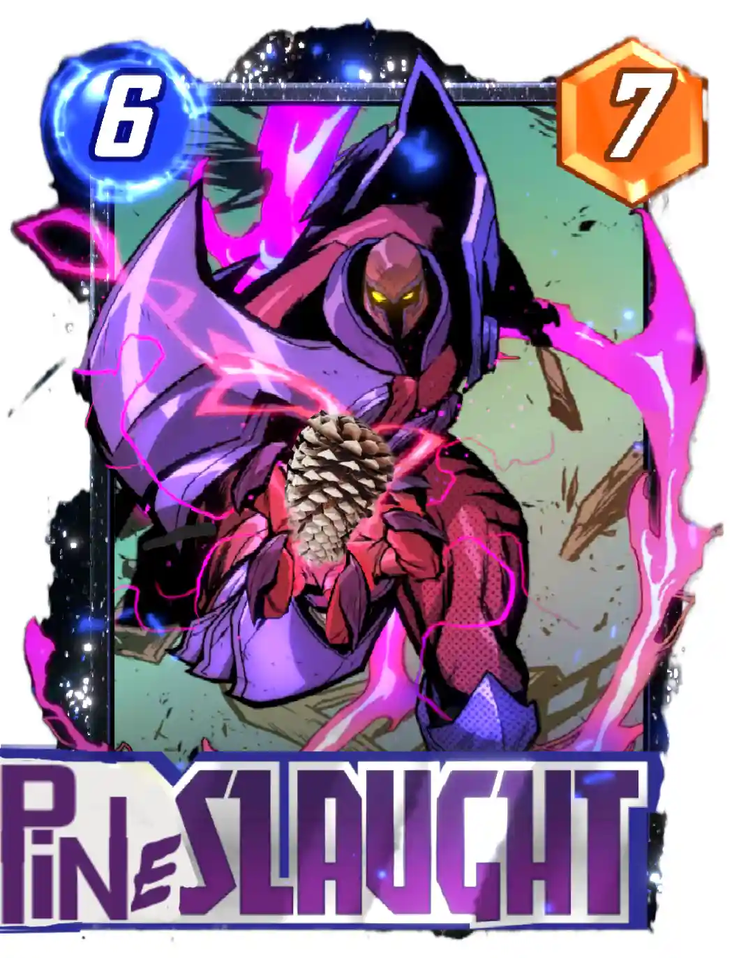 A stylized game card depicts a menacing, armored figure with glowing yellow eyes holding a pinecone, surrounded by pink…