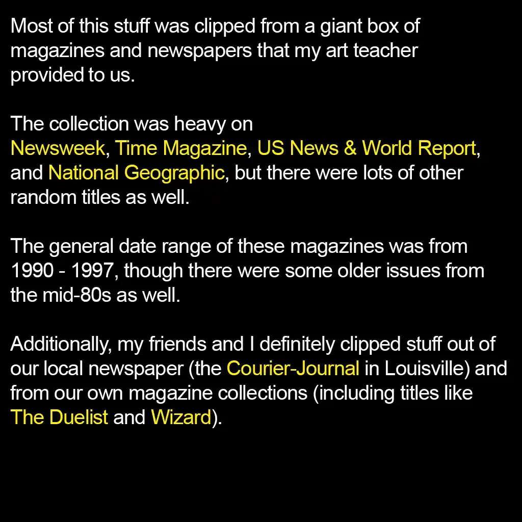 The image is a black background with white and yellow text describing a collection of magazine clippings from the 1980s and…