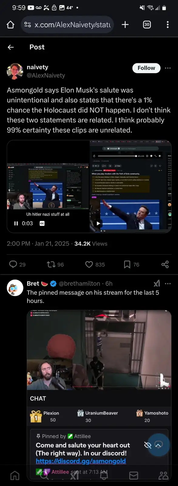 A screenshot of a Twitter post by user 'naivety' shows two video clips side-by-side: one of Elon Musk giving a salute and…