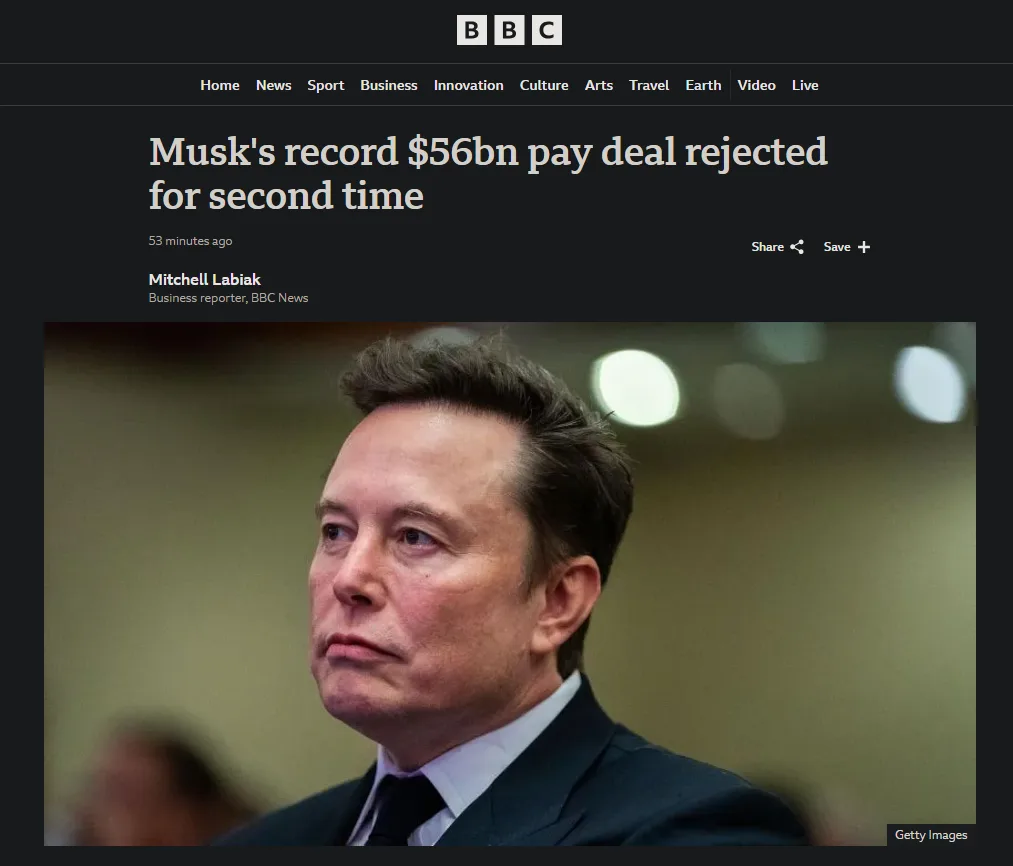 A BBC news article screenshot shows a photo of Elon Musk looking serious and slightly disappointed. The headline reads…