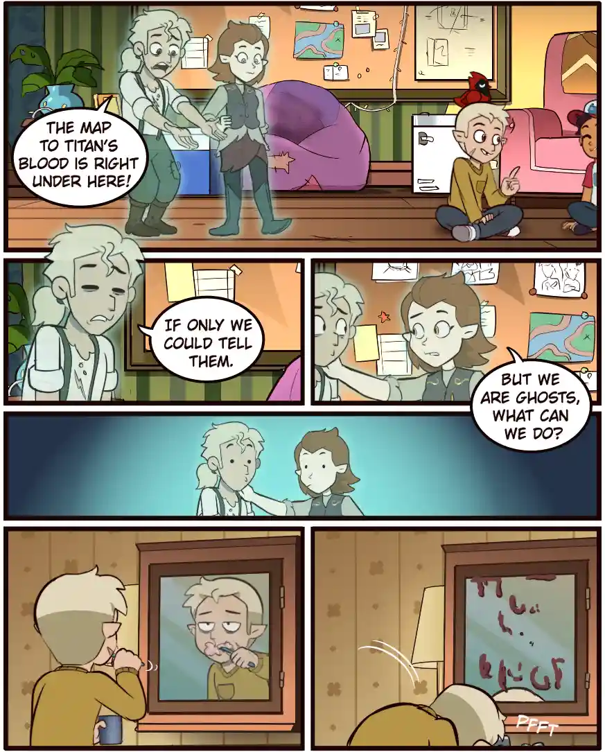 A comic strip shows two ghostly characters in a room, excitedly pointing to a map on the wall, but then realizing they can't…