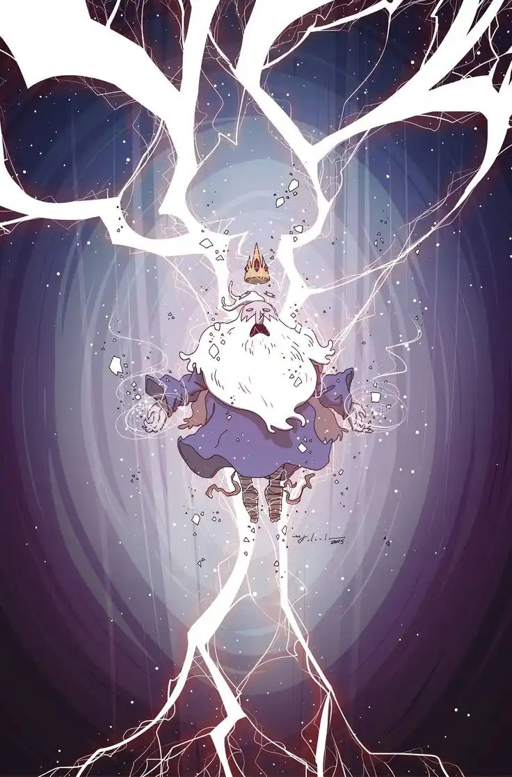 An illustration of a cartoonish wizard with a long white beard and a small crown, floating amidst a cosmic, starry…