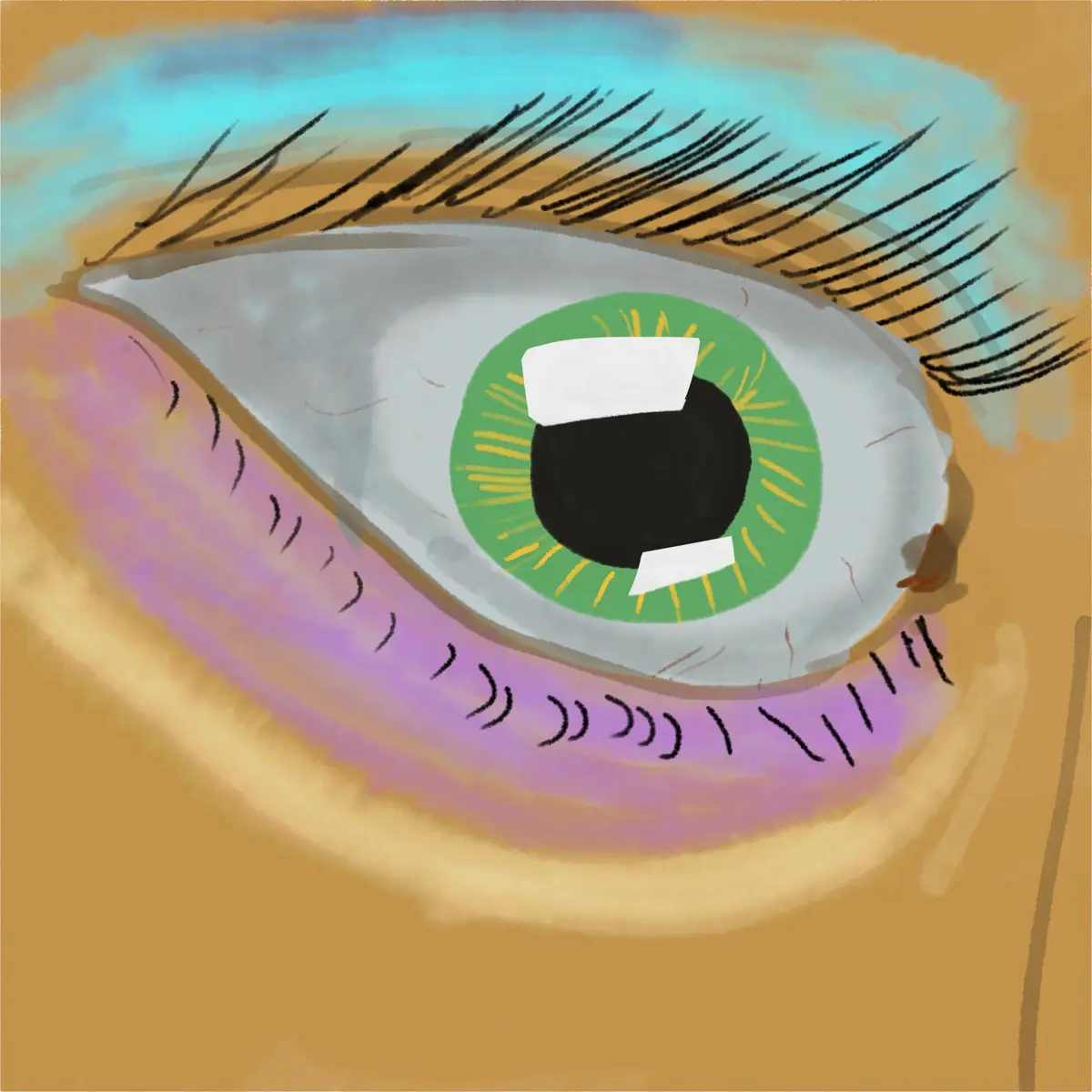 A stylized drawing of a human eye with a green iris and black pupil, where the pupil is covered by two white rectangular…