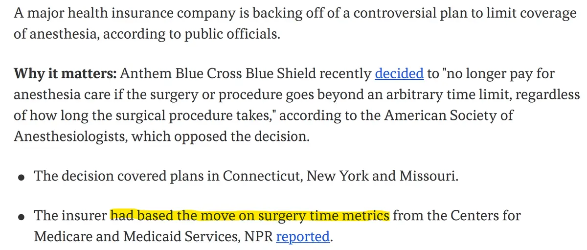 A screenshot of a news article snippet with black text on a white background. The text discusses Anthem Blue Cross Blue…