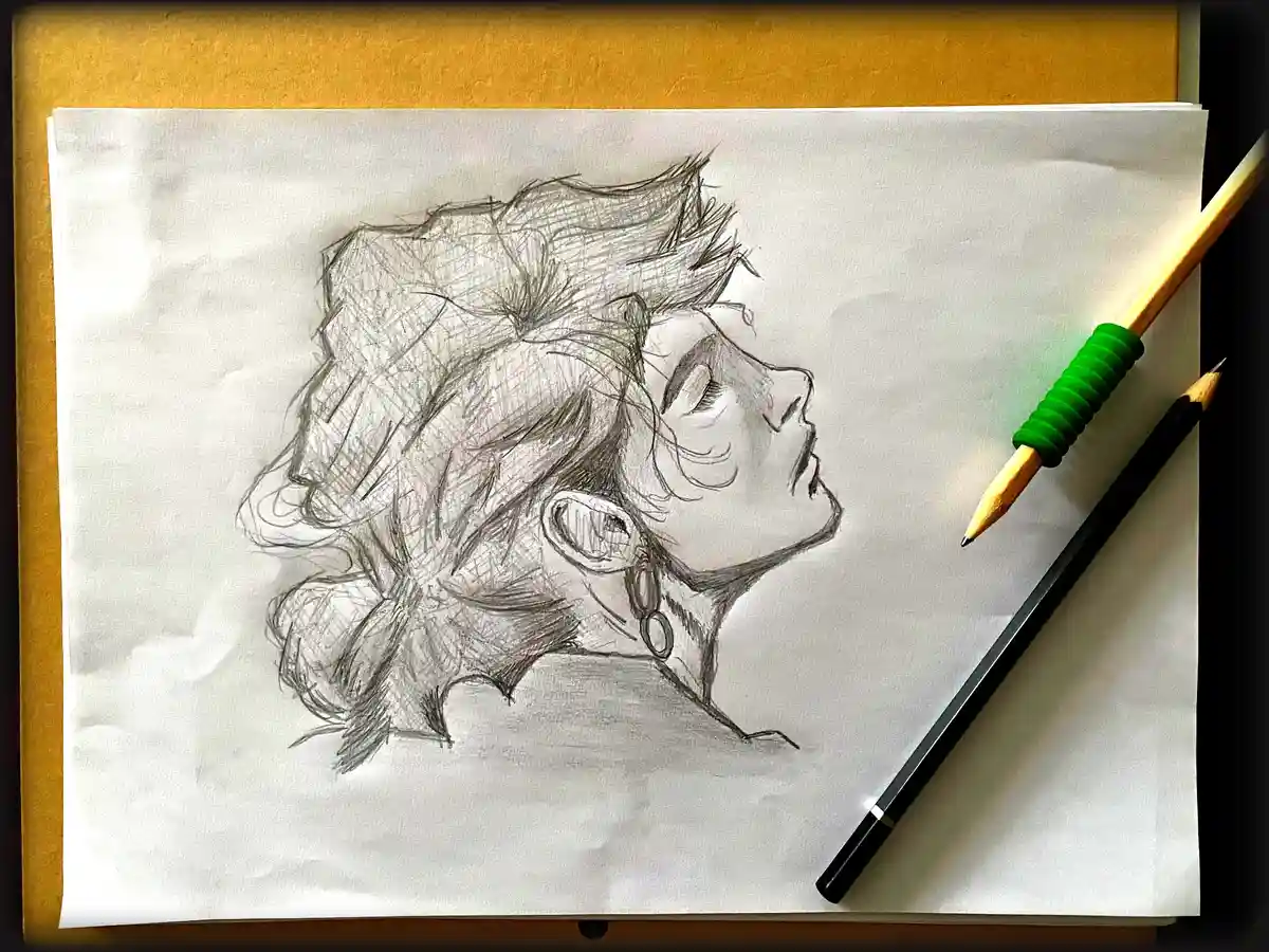 A pencil sketch of a person's head and shoulders in profile, drawn on white paper resting on a brown surface. Two pencils…