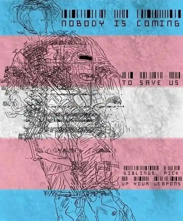 A stylized, sketch-like drawing of a person in a military-style outfit is overlaid on the trans pride flag (pink, white, and…