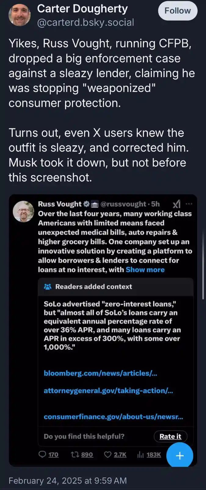 A screenshot of a social media post by Carter Dougherty criticizing Russ Vought's claim that he was stopping 'weaponized'…