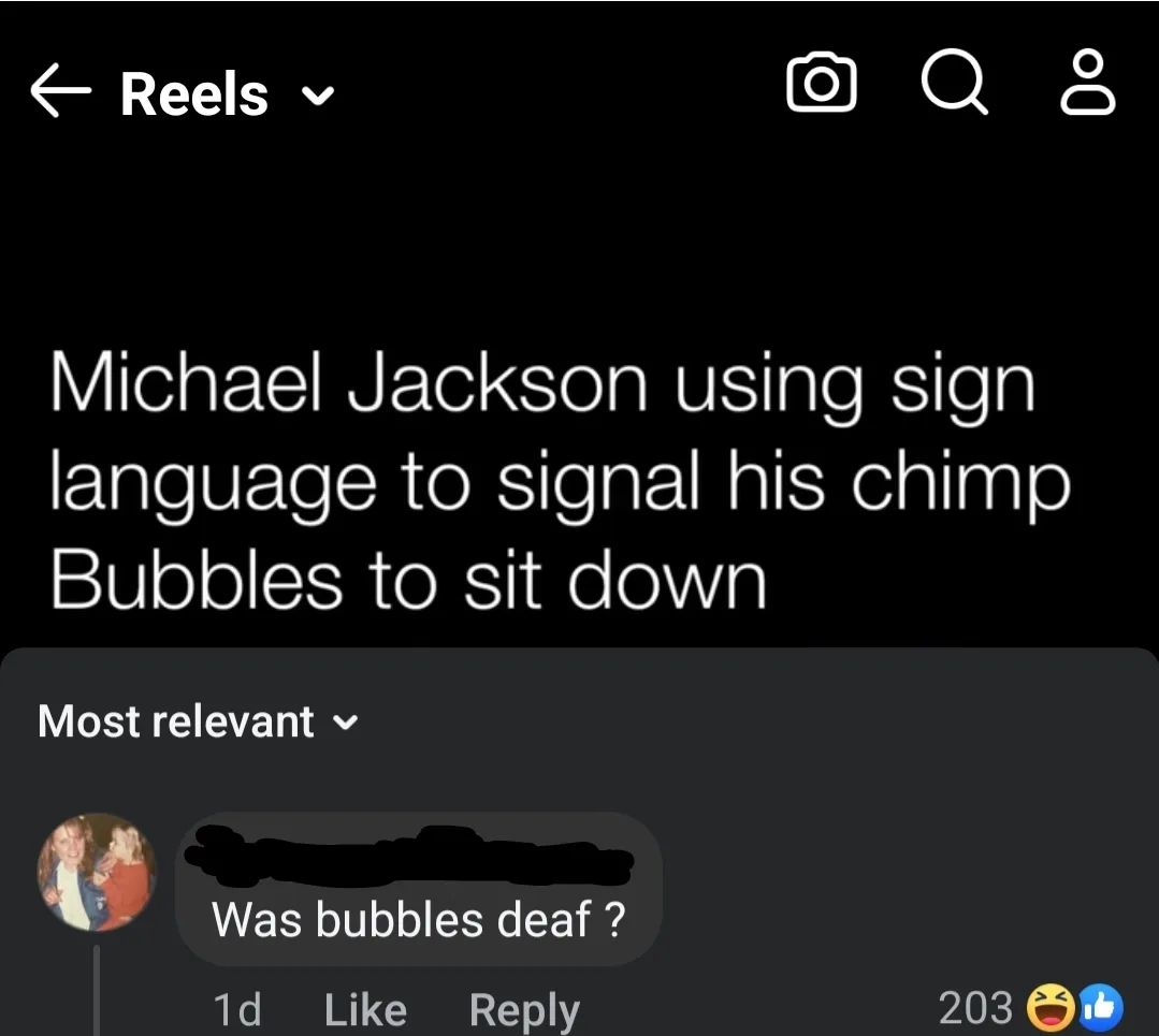 A screenshot of a social media post showing text that reads 'Michael Jackson using sign language to signal his chimp Bubbles…