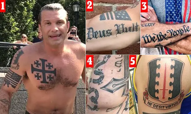 A collage of five images showing a man with various tattoos: one of him shirtless displaying a cross tattoo on his chest and…