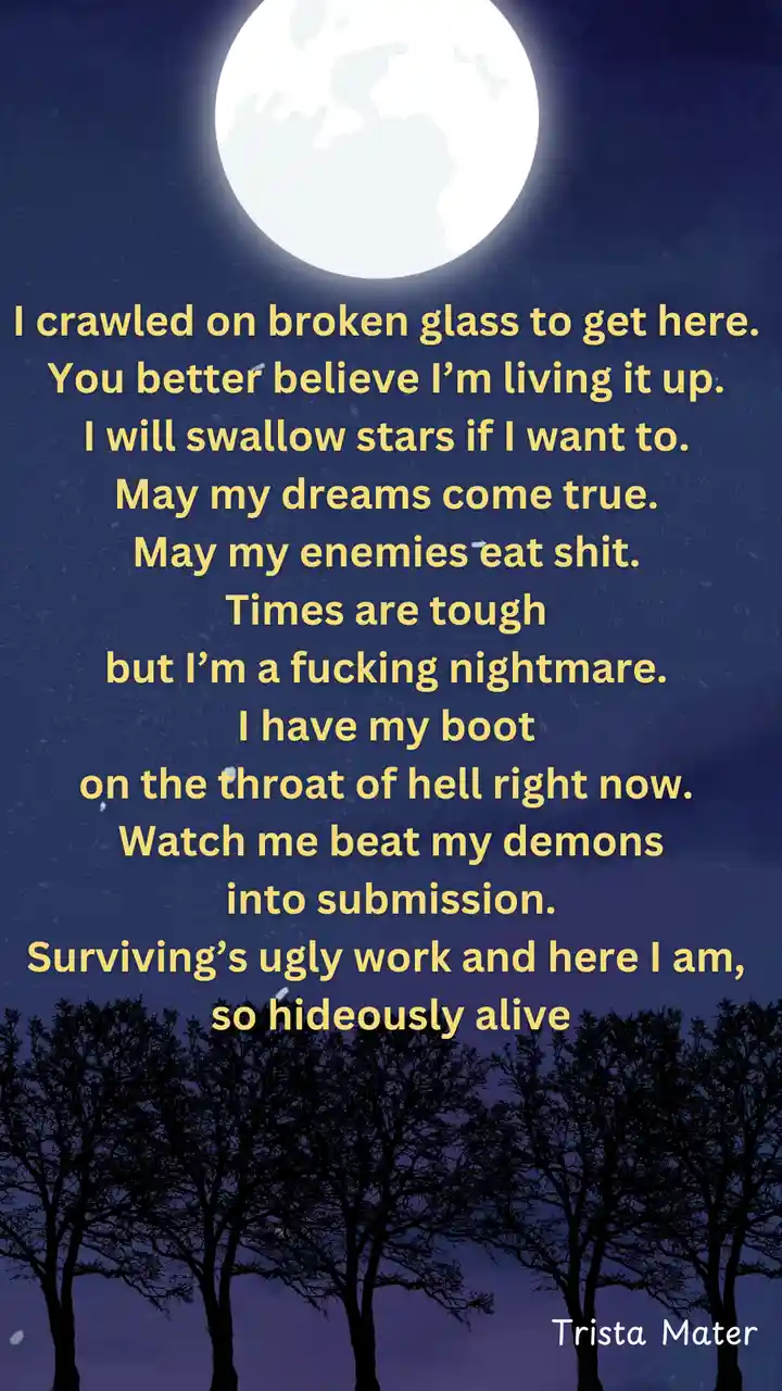 A night sky with a large full moon and silhouetted trees at the bottom. Overlaid in yellow text is a poem expressing…