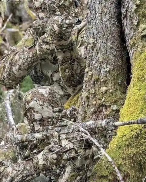 Two soldiers in extremely detailed, mossy woodland camouflage gear are positioned behind a moss-covered tree trunk in a…
