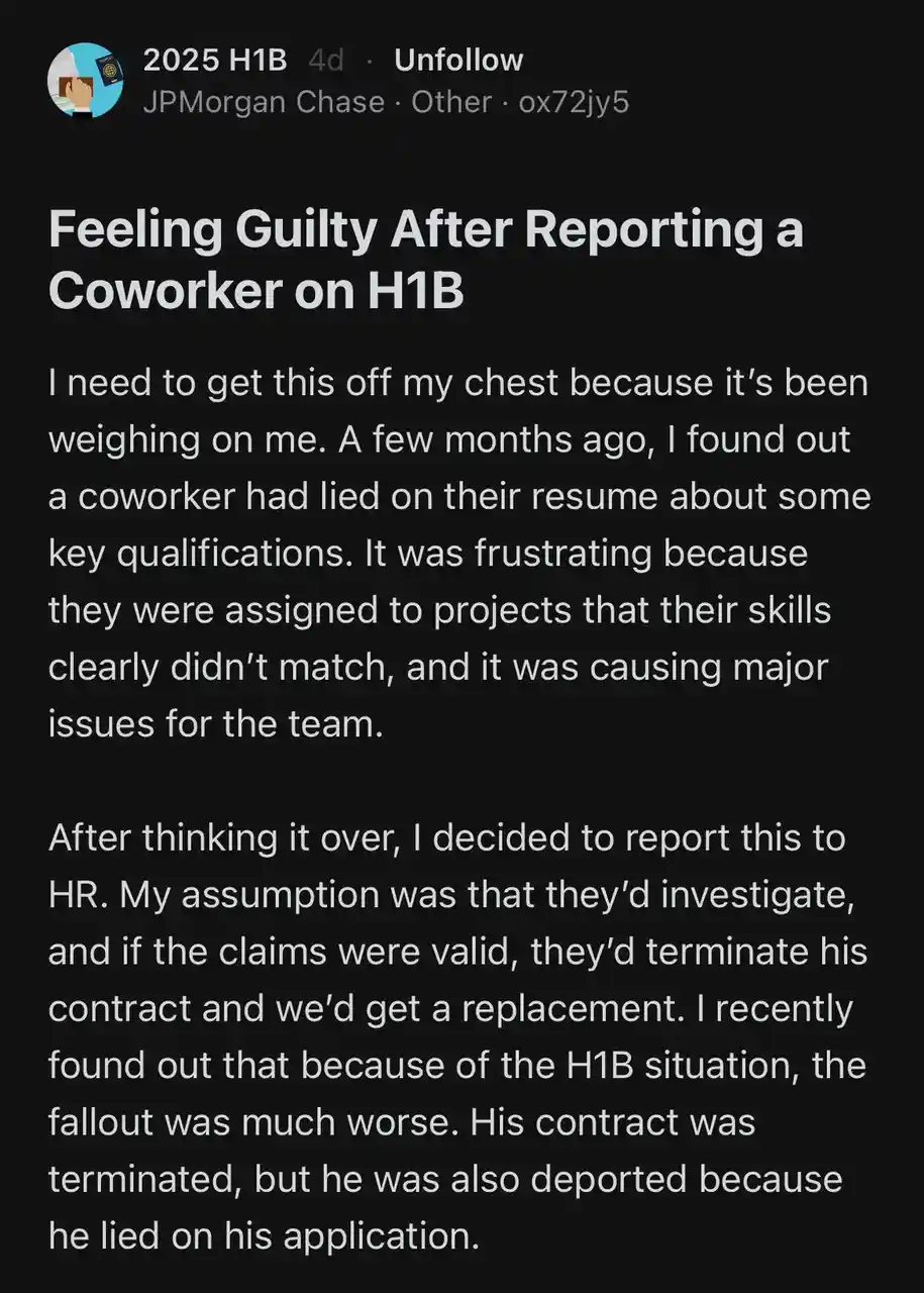 A screenshot of a social media post with a black background and white text, detailing a person's regret after reporting a…