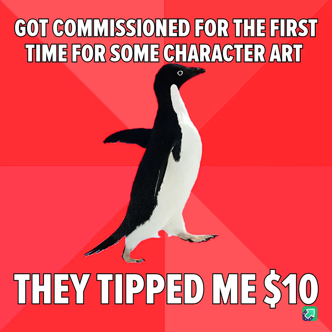 A black-and-white penguin stands against a red background with diagonal stripes. The text at the top reads 'GOT COMMISSIONED…