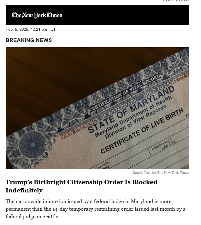 A New York Times article screenshot shows a Maryland birth certificate with the headline 'Trump’s Birthright Citizenship…