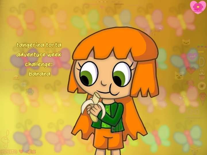 A cartoon girl with orange hair and green eyes holds a banana, smiling. Text on the left reads 'tangerina torta adventure…