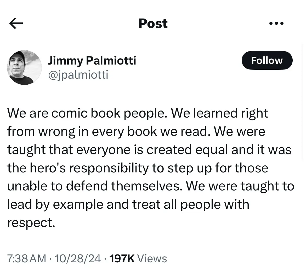 A screenshot of a tweet by Jimmy Palmiotti showing his profile picture, name, handle, and a block of text that reads 'We are…