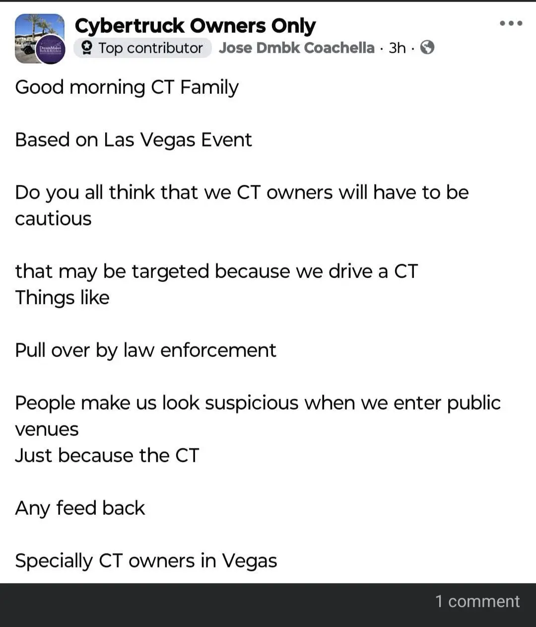 A screenshot of a Facebook post from a group called 'Cybertruck Owners Only' asking members if they think Cybertruck owners…
