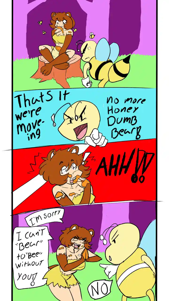 A four-panel comic strip featuring a brown-furred bear girl and a yellow bee. In the first panel, the bear girl is covered…