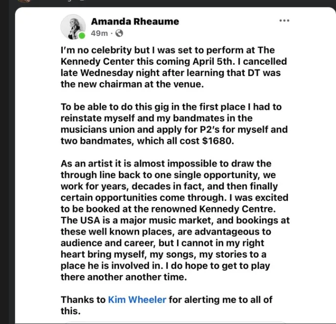 A screenshot of a Facebook post by Amanda Rheaume detailing how she canceled a highly anticipated performance at the Kennedy…
