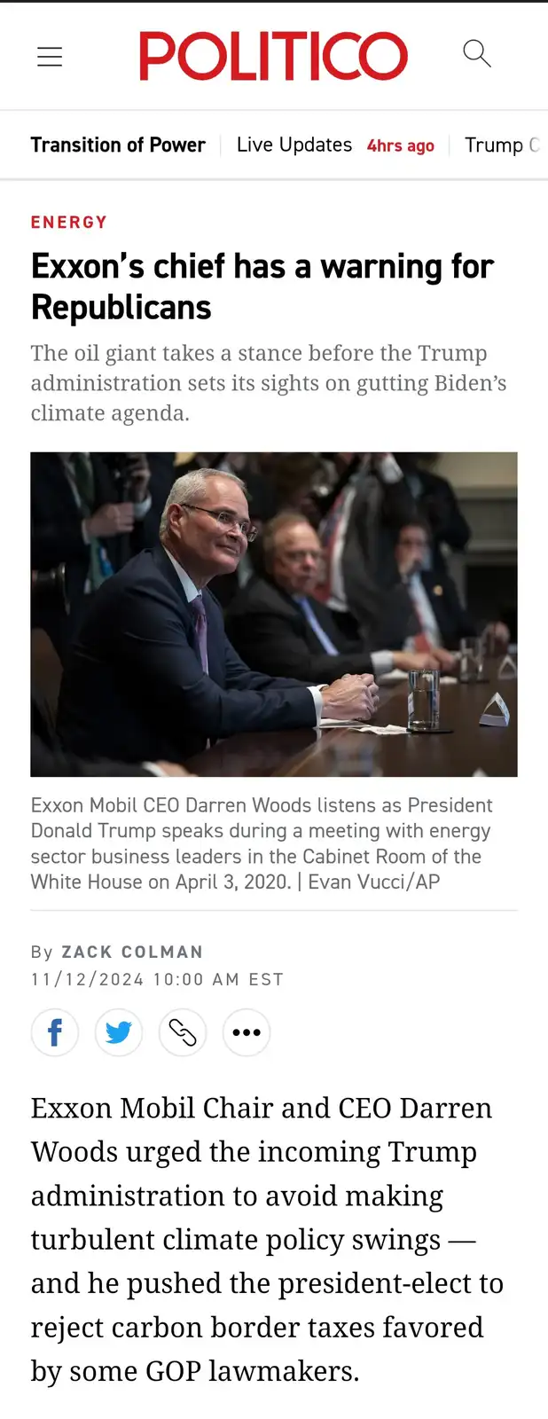 A screenshot of a Politico news article shows Exxon Mobil CEO Darren Woods smiling while seated at a conference table during…