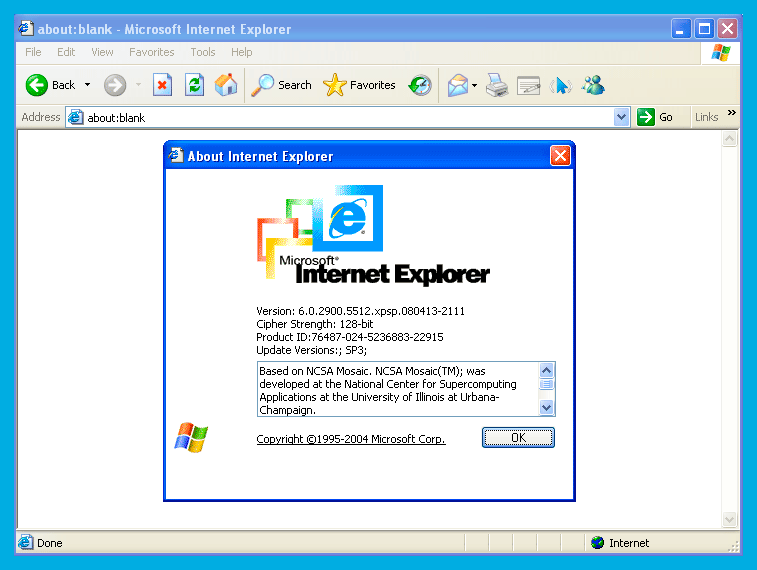 An image of the 'About Internet Explorer' dialog box from Microsoft Internet Explorer 6, displayed within the browser…