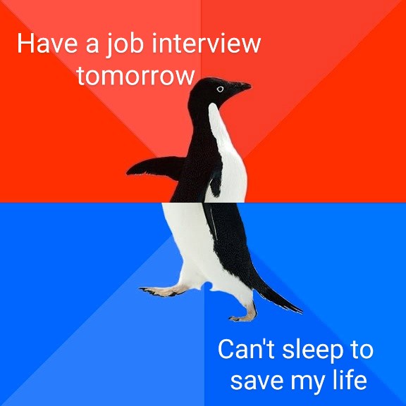 A penguin is split vertically down the middle, with the top half against a red background and the bottom half against a blue…