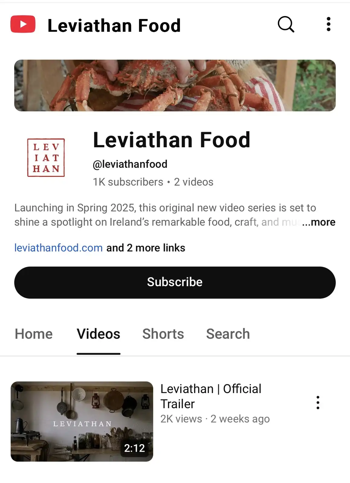 A screenshot of the YouTube channel page for 'Leviathan Food', showing a thumbnail of a person holding a large red crab, the…
