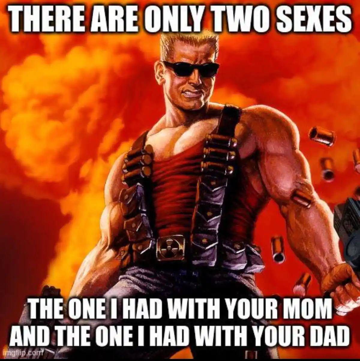 A muscular, sunglasses-wearing man in a red tank top and ammo belt stands against a fiery orange background with bullet…