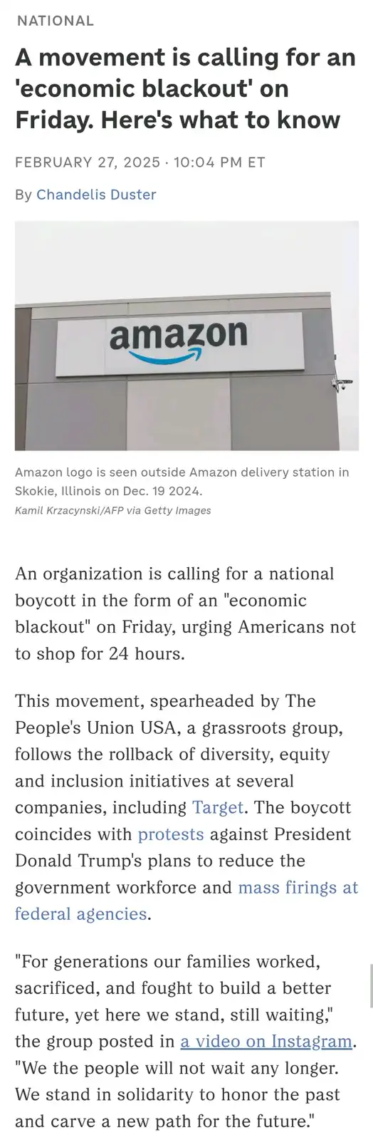 The image shows a news article snippet with a photo of an Amazon delivery station sign. The headline reads 'A movement is…