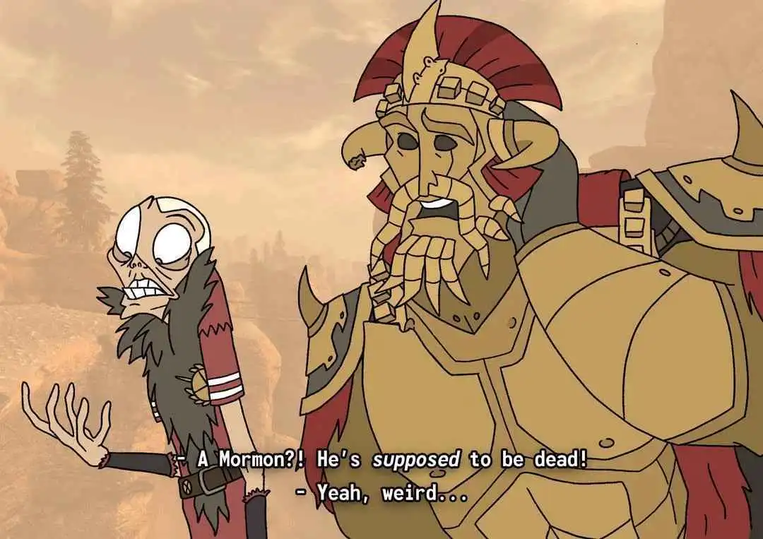 Two animated characters from the show 'The Legend of Korra' are shown in a desert-like setting. The smaller, skeletal…