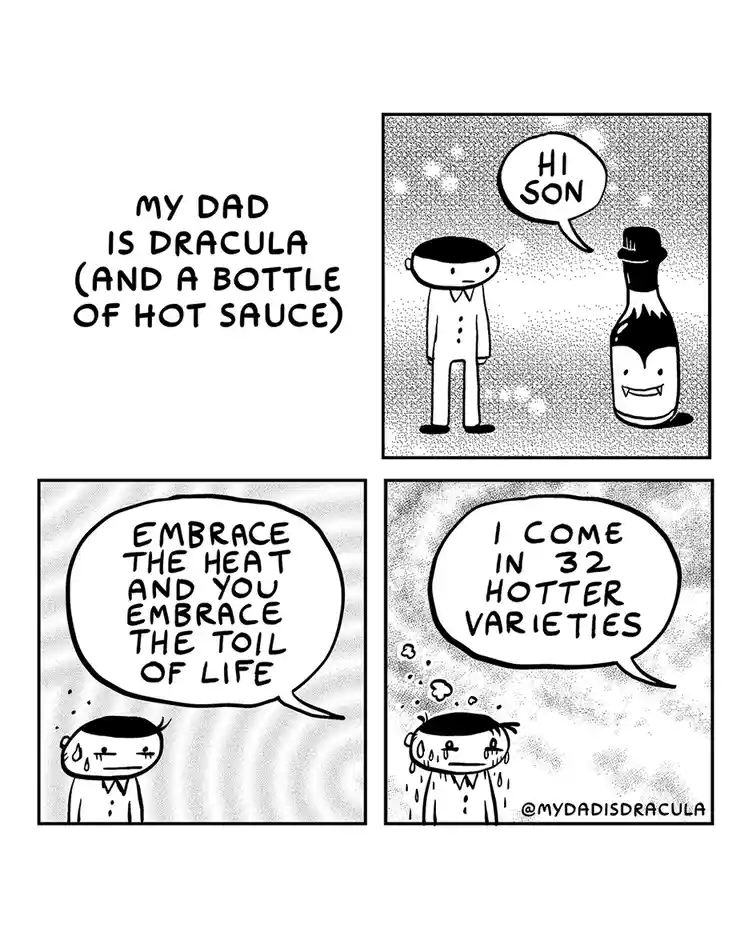 A four-panel comic strip titled 'my dad is dracula (and a bottle of hot sauce)' shows a son meeting his dad, who is depicted…