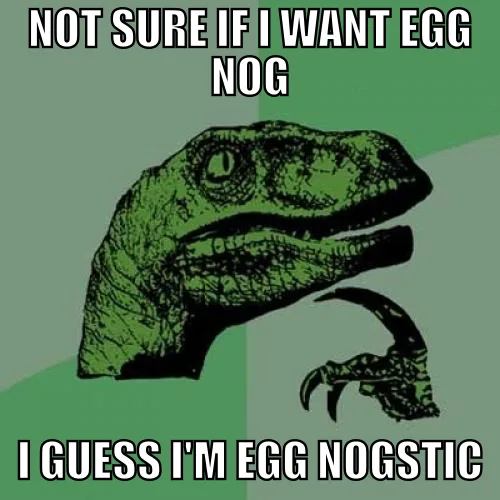 The image features the iconic 'Philosoraptor' meme template, showing a green, stylized dinosaur head with a raised claw, set…