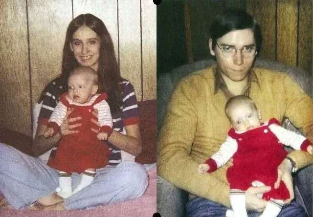 A split image shows two vintage photos side-by-side: on the left, a young woman with long dark hair holds a baby dressed in…