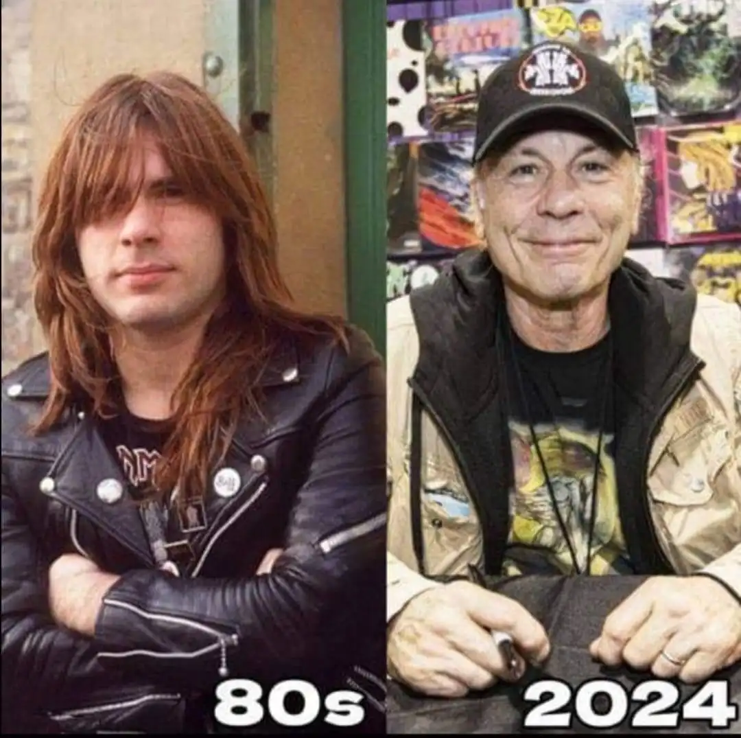 The image is a side-by-side comparison of a man in his youth and later age. On the left, a younger man with long brown hair…