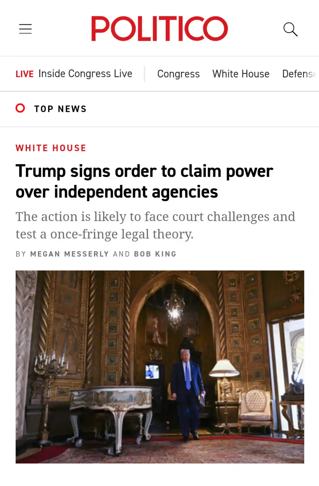 A screenshot of a Politico news article shows Donald Trump walking in an ornate room, with the headline 'Trump signs order…